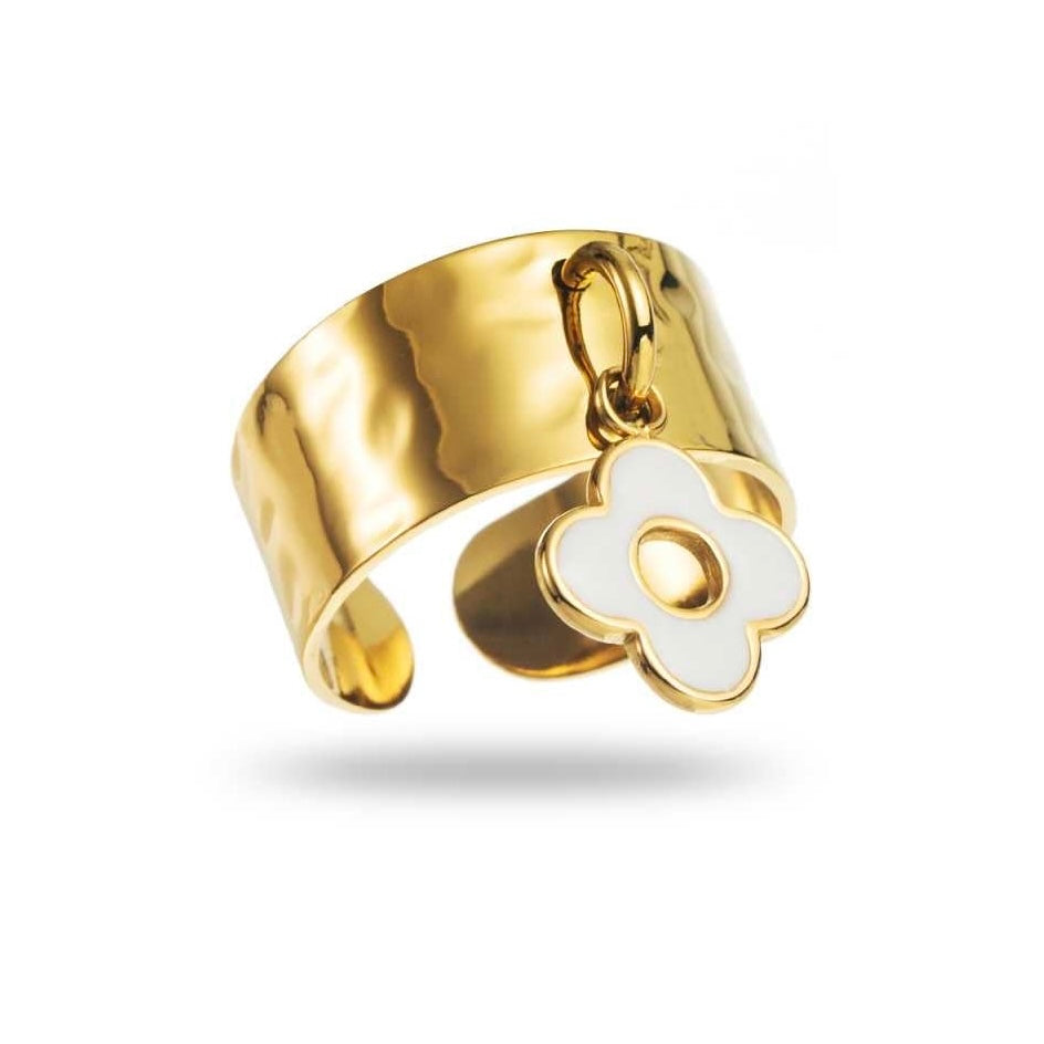 Bague dorée avec pendentif trèfle blanc, en acier inoxydable réglable, hypoallergénique, résistante à l'eau et ne noircit pas