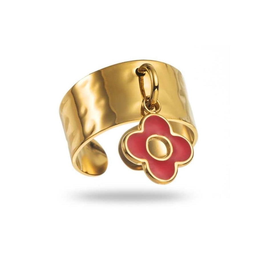 Bague dorée avec pendentif trèfle rouge, en acier inoxydable réglable, hypoallergénique, résistante à l'eau et ne noircit pas