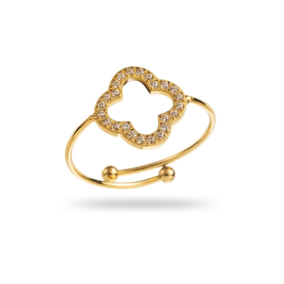 Bague dorée trèfle ajouré serti, anneau fin réglable hypoallergénique et résistant à l’eau