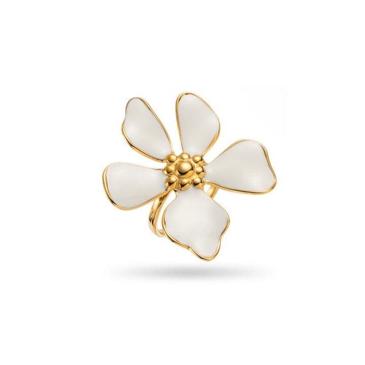 Bague fleur blanche à cinq pétales dorée en acier inoxydable réglable – bijou élégant hypoallergénique et résistant à l’eau