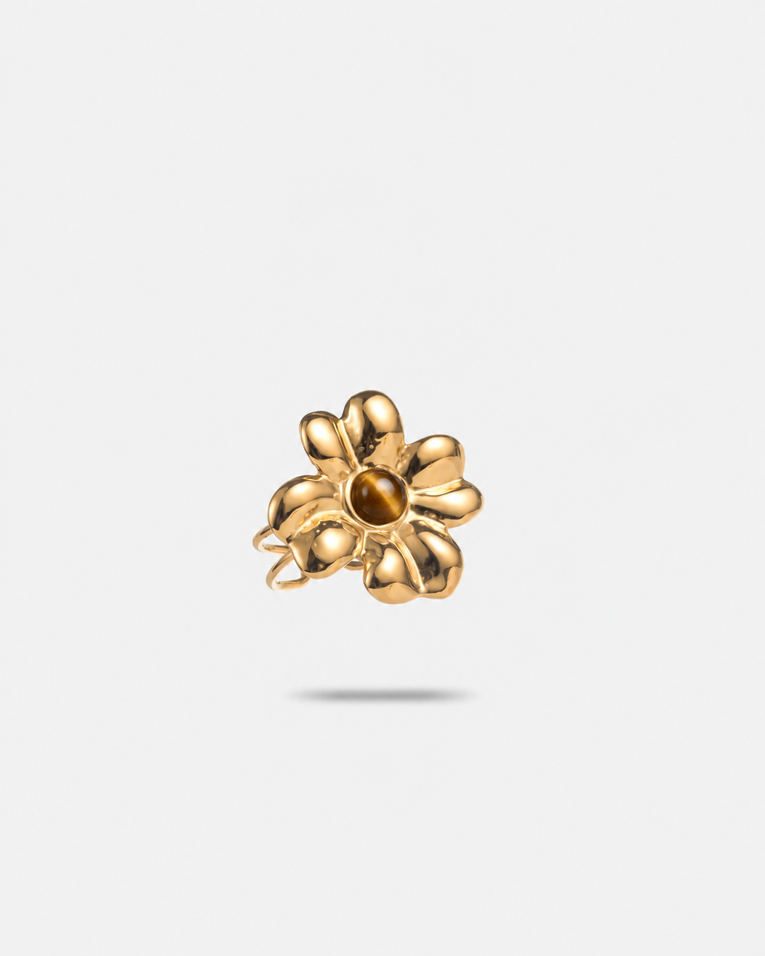 Bague fleur dorée femme en acier inoxydable avec pierre œil de tigre, ajustable et hypoallergénique