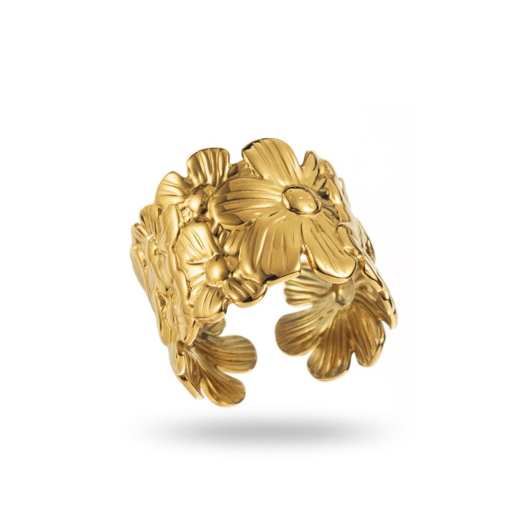 Bague large dorée ornée de multiples fleurs en relief, en acier inoxydable réglable, hypoallergénique, résistante à l'eau et ne noircissant pas, hauteur 1,6 cm