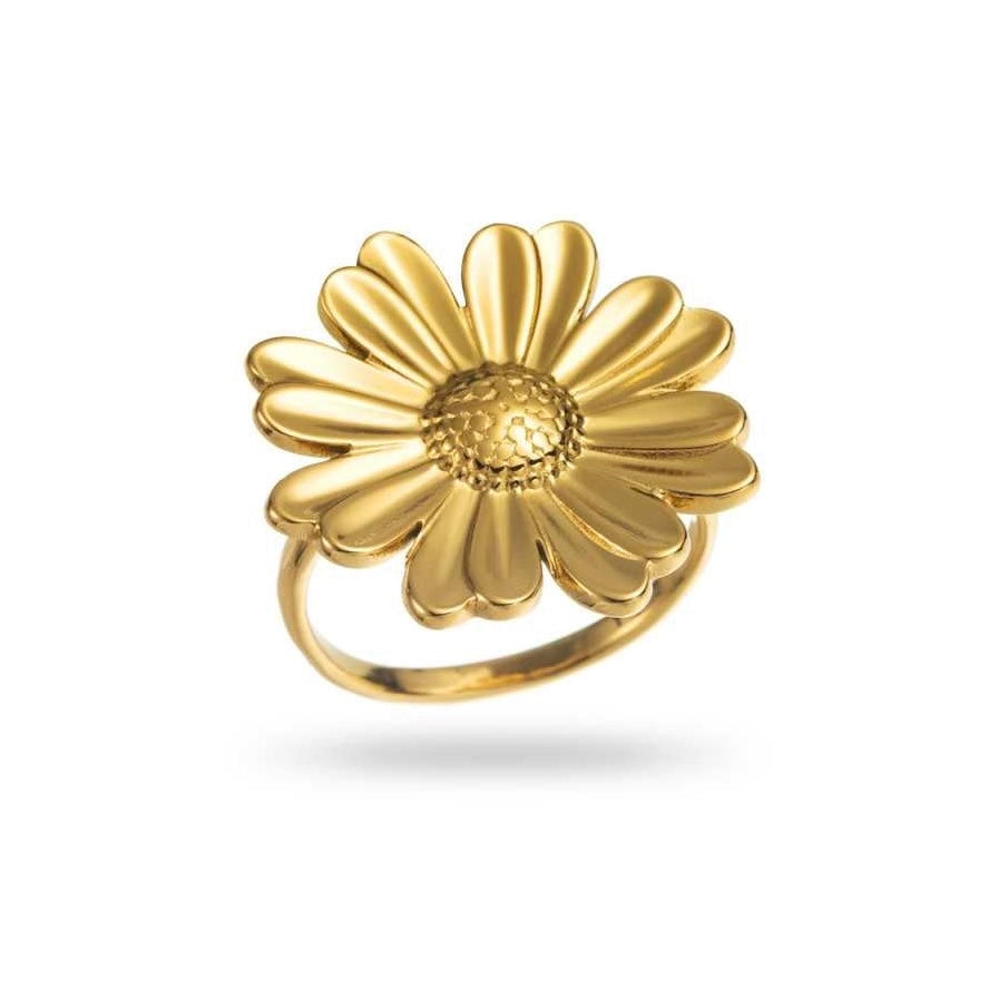 Bague marguerite en forme de fleur, dorée, en acier inoxydable, résistante à l'eau et hypoallergénique