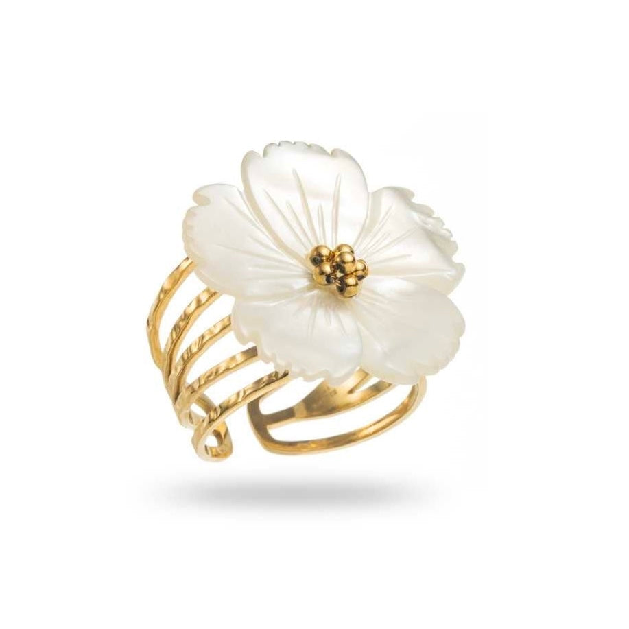 Bague marguerite en nacre blanche et doré avec cœur central doré – acier inoxydable réglable 2,5 cm, résistante à l’eau