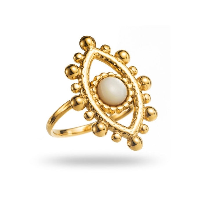 Bague dorée en acier inoxydable réglable en forme d’œil perlé avec pierre blanche au centre – bijou hypoallergénique résistant à l’eau