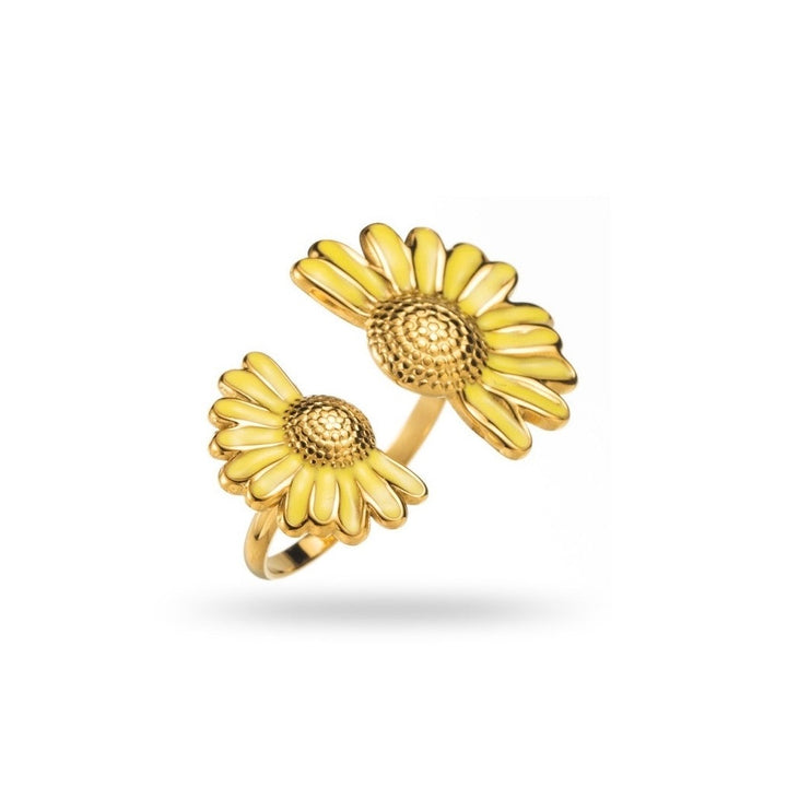 Bague ouverte dorée double fleur de tournesol colorée jaune pastel, en acier inoxydable réglable, hypoallergénique, résistante à l'eau et ne noircissant pas