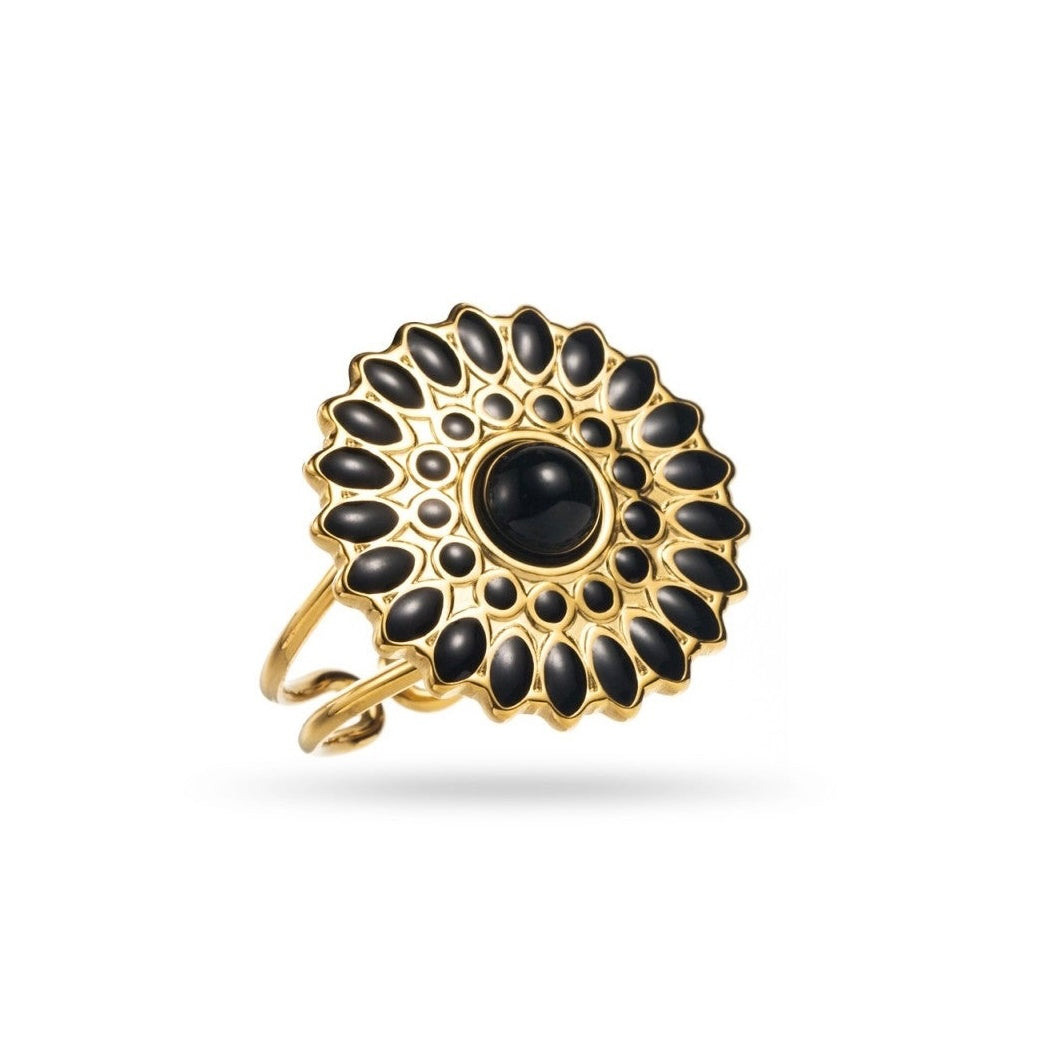 Bague dorée ronde rosace avec pierre naturelle onyx noire, réglable, hypoallergénique, résistante à l'eau et ne noircissant pas