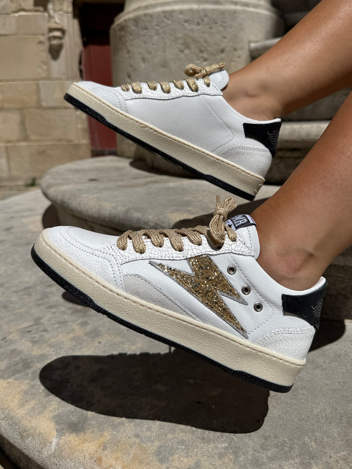 Baskets basses glitter doré DANY C837 cuir blanc lacets dorés Semerdjian