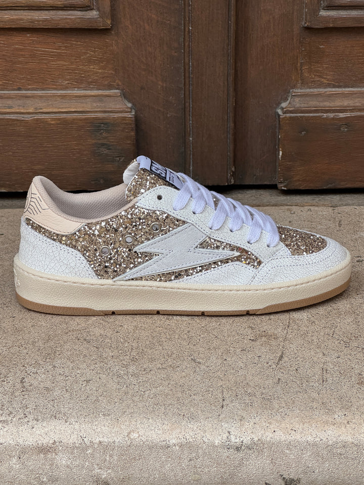 Baskets basses glitter doré DANY D346 éclair blanc et cuir craquelé blanc Semerdjian