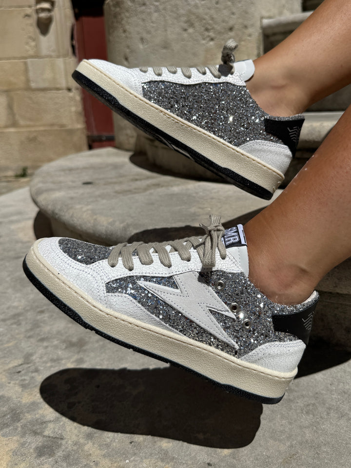 Baskets basses à paillettes argentées éclair blanc DANY C317 cuir Semerdjian