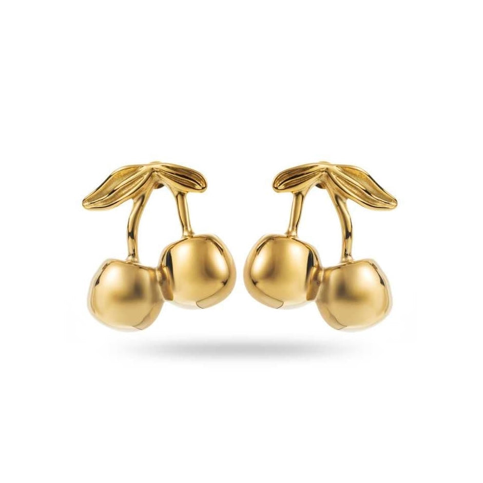 Boucles d’oreilles cerises dorées en acier inoxydable, hauteur 3 cm, bijoux hypoallergéniques résistants à l’eau