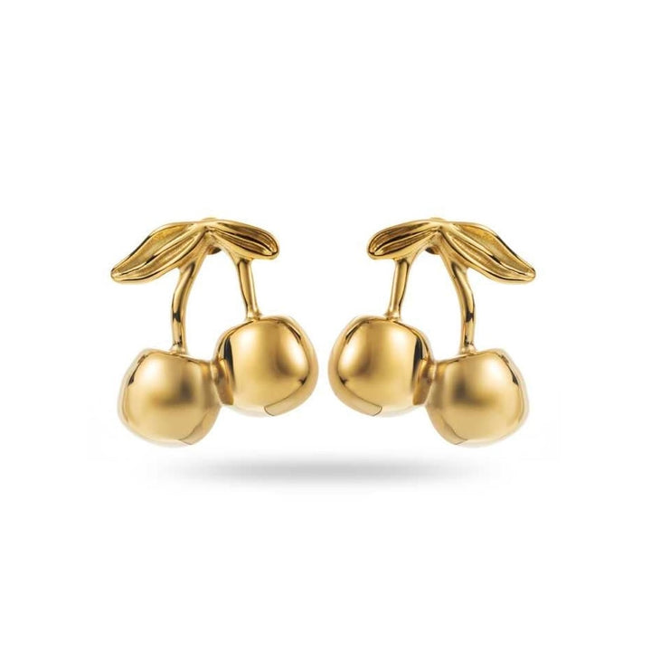 Boucles d’oreilles cerises dorées en acier inoxydable, hauteur 3 cm, bijoux hypoallergéniques résistants à l’eau