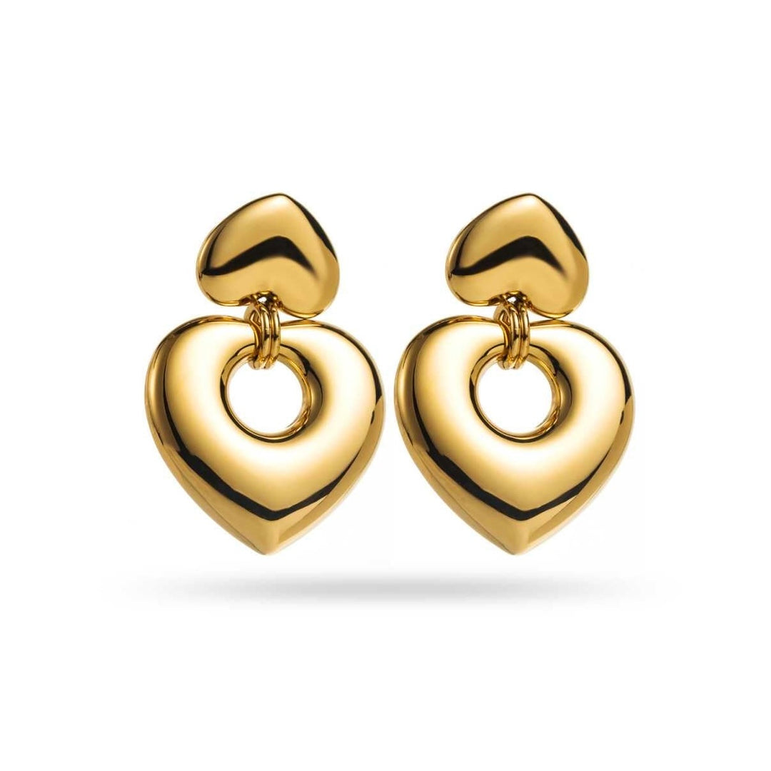 Boucles d’oreilles dorées en forme de cœur double, hauteur 4 cm, design moderne, hypoallergéniques et résistantes à l’eau.