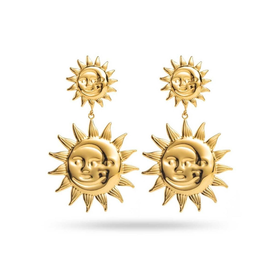 Boucles d’oreilles dorées double soleil avec visage, bijoux pendants lumineux de 4,5 cm, design original.