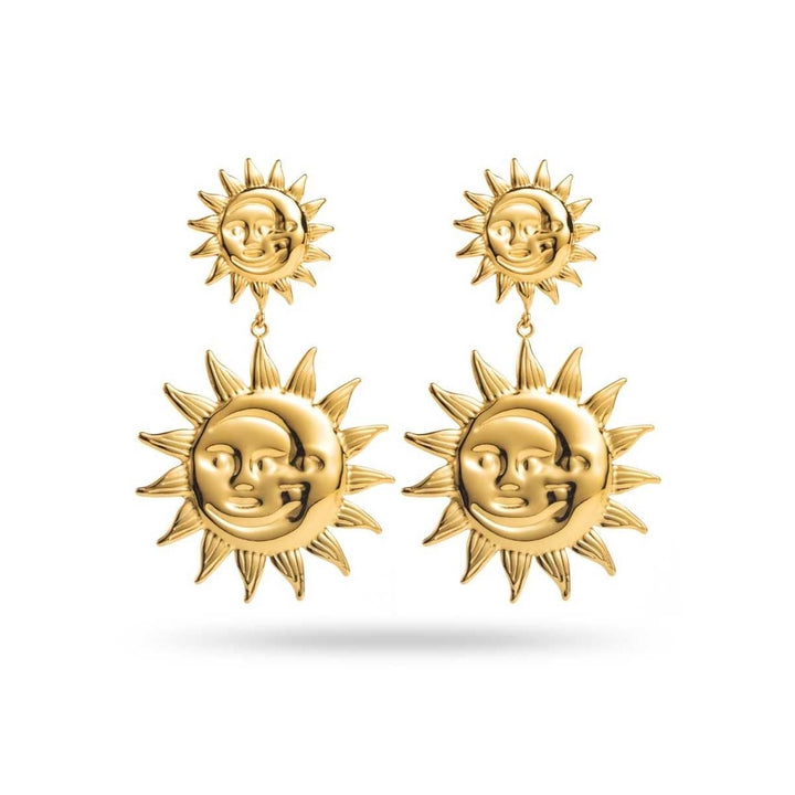 Boucles d’oreilles dorées double soleil avec visage, bijoux pendants lumineux de 4,5 cm, design original.