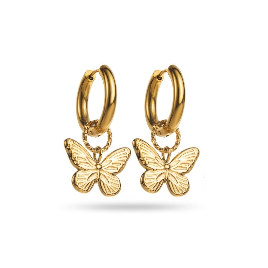 Boucles d’oreilles dorées anneaux avec pendentif papillon, bijou léger et hypoallergénique
