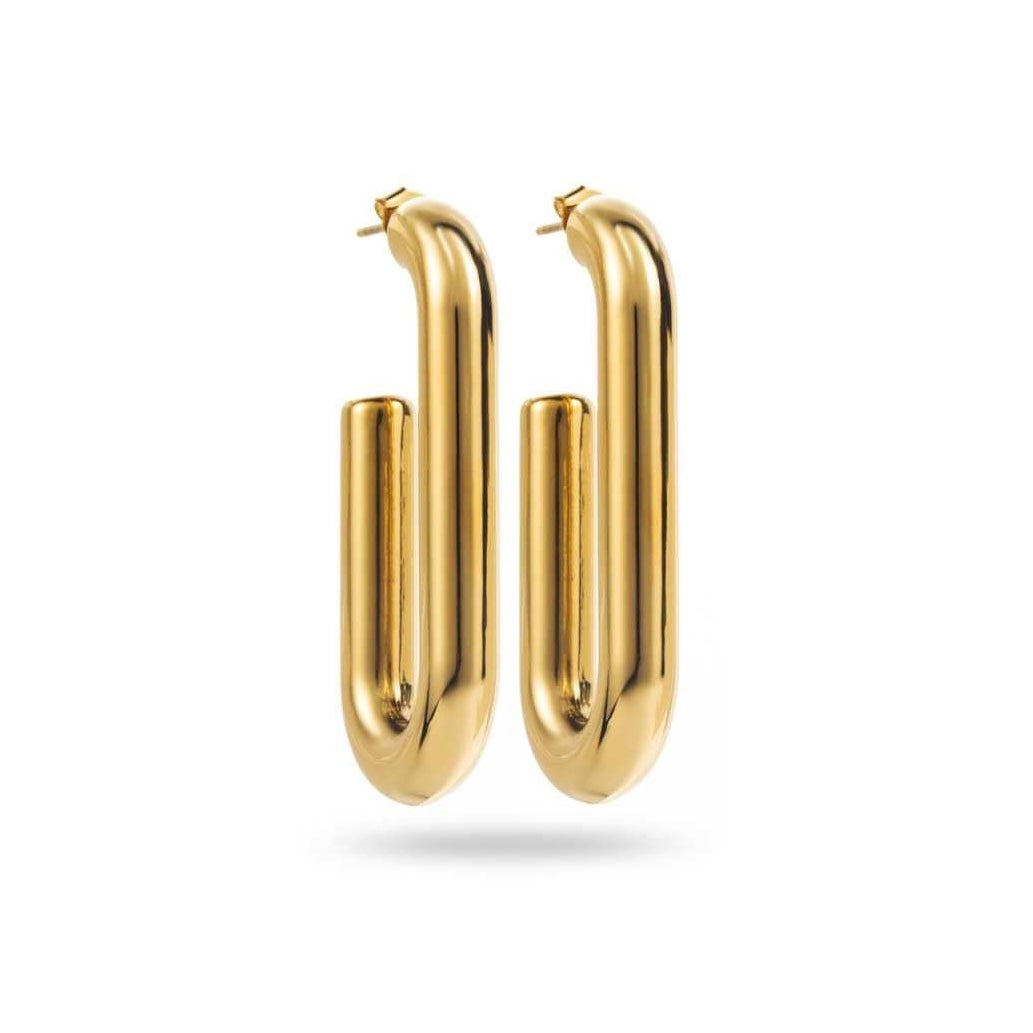 Boucles d’oreilles dorées rectangulaires modernes de 4,5 cm, finition brillante, hypoallergéniques et résistantes à l’eau.