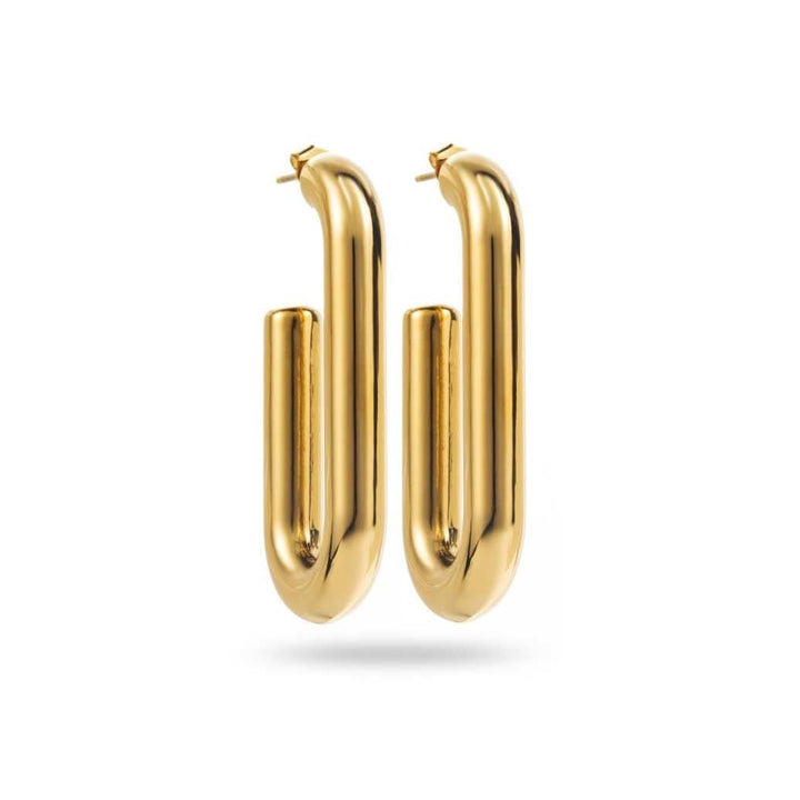 Boucles d’oreilles dorées rectangulaires modernes de 4,5 cm, finition brillante, hypoallergéniques et résistantes à l’eau.
