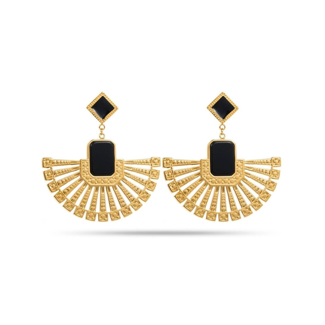 Boucles d’oreilles éventail doré avec deux pierres noires en acier inoxydable 5 cm – résistantes à l’eau et hypoallergéniques