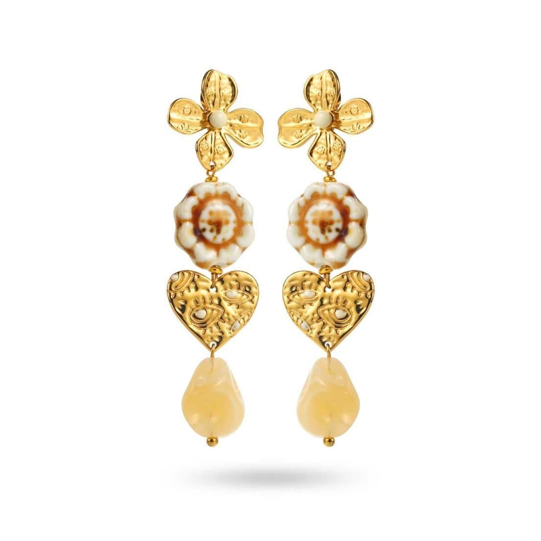 Boucles d’oreilles pendantes en acier inoxydable doré avec fleur, marguerite en résine blanche et camel, cœur et fausse pierre, 7,5 cm