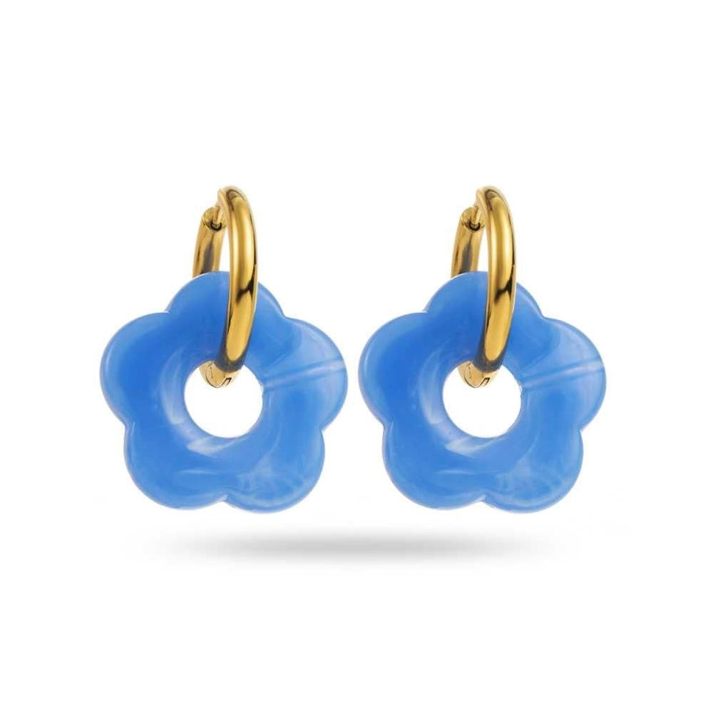 Boucles d’oreilles créoles dorées avec pendentif fleur bleue en résine, bijoux fantaisie hypoallergéniques