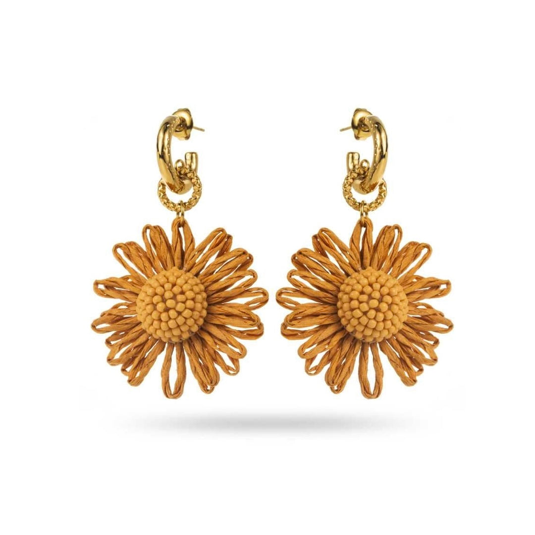 Boucles d’oreilles marguerite camel en acier inoxydable doré avec petits anneaux – Bijoux hypoallergéniques et résistants à l’eau