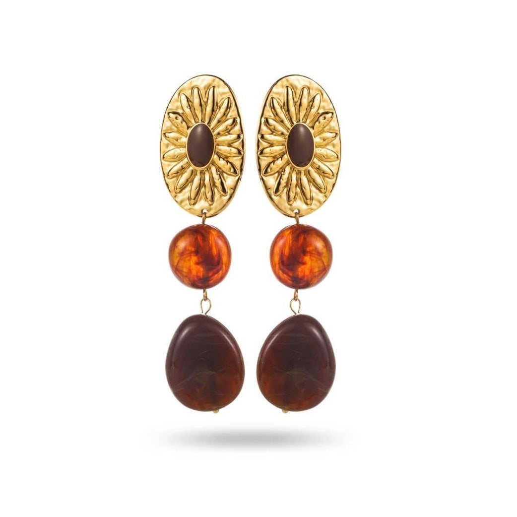Boucles d’oreilles dorées en acier inoxydable avec médaillons soleil, perle orangée et fausse pierre marron – Bijoux élégants et résistants à l’eau