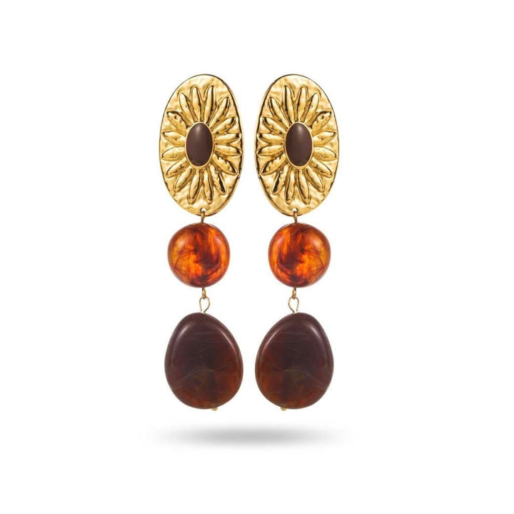 Boucles d’oreilles dorées en acier inoxydable avec médaillons soleil, perle orangée et fausse pierre marron – Bijoux élégants et résistants à l’eau