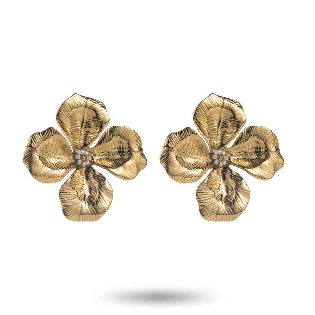 Boucles d’oreilles fleur dorée avec petites perles blanches en acier inoxydable
