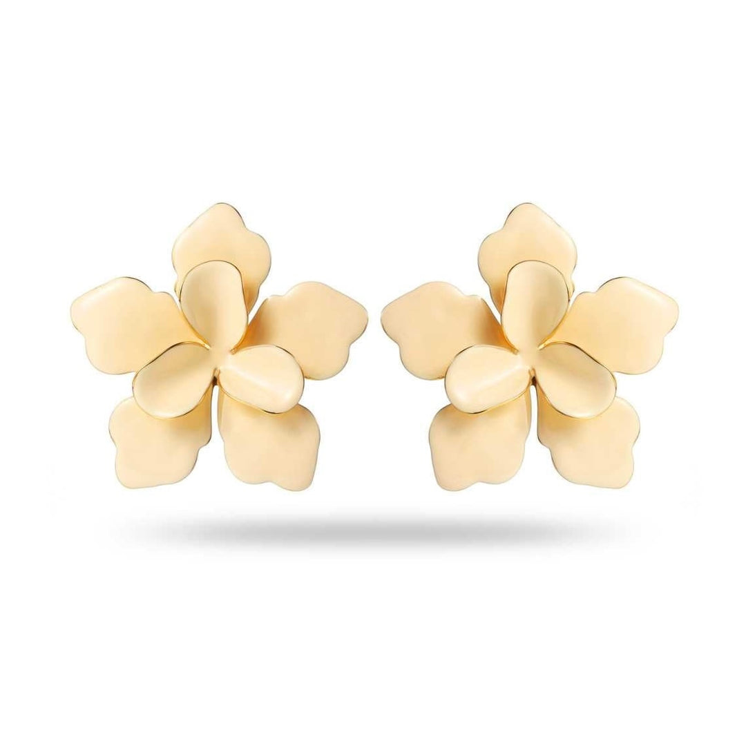 Boucles d’oreilles fleur écru en volume avec bordure dorée en acier inoxydable, hauteur 5 cm, hypoallergéniques et résistantes à l’eau