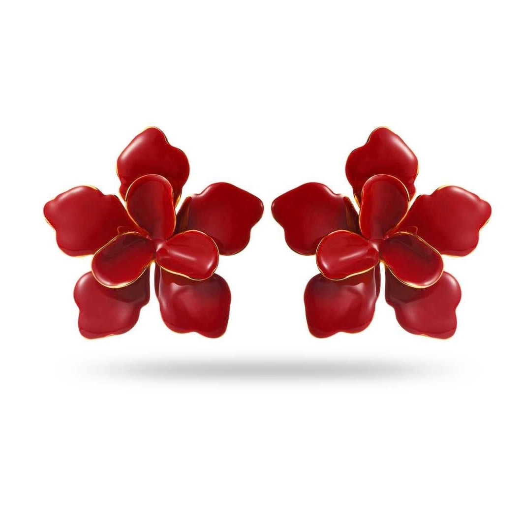 Boucles d’oreilles fleur rouge en volume avec bordure dorée en acier inoxydable, hauteur 5 cm, hypoallergéniques et résistantes à l’eau