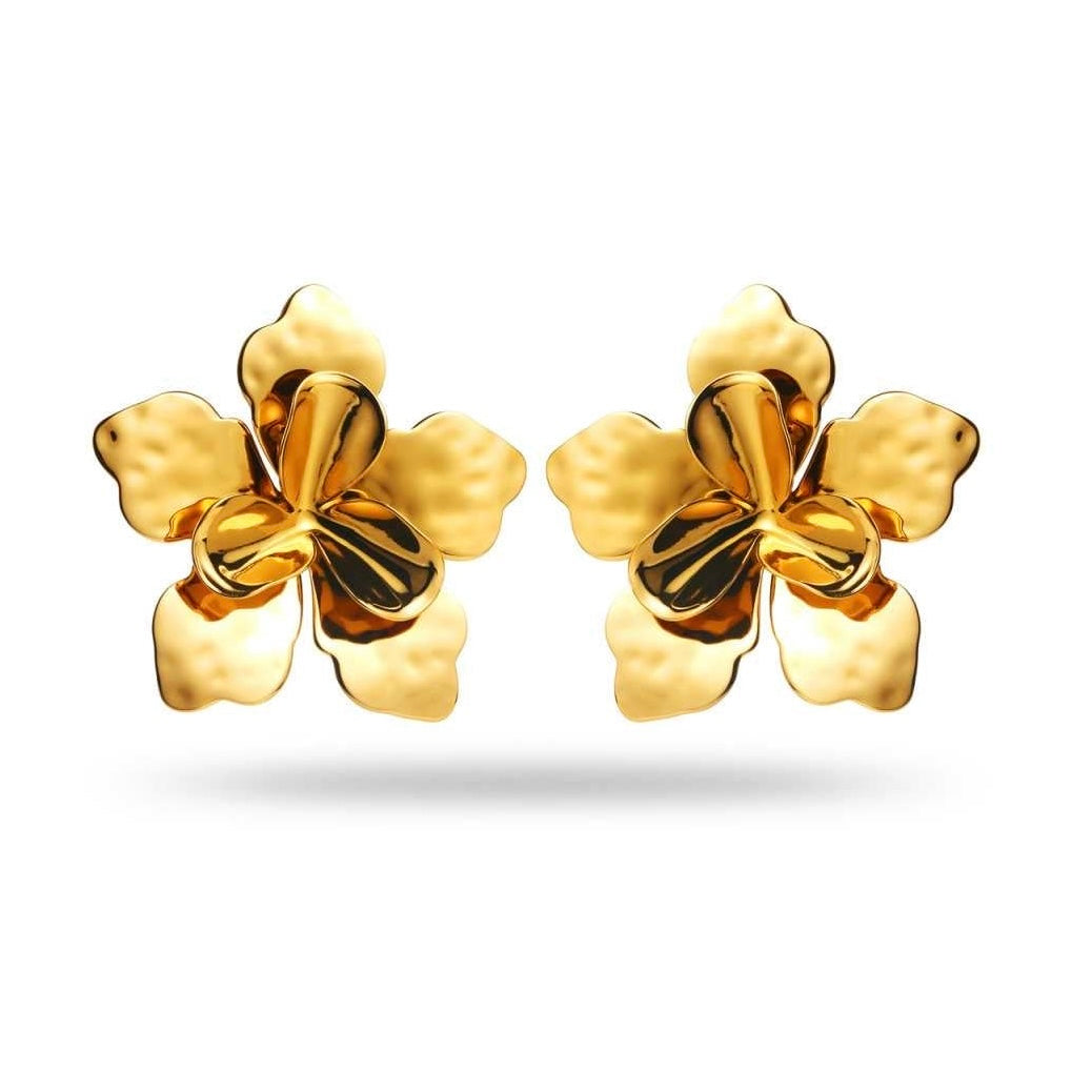 Boucles d’oreilles fleur doré en volume avec bordure dorée en acier inoxydable, hauteur 5 cm, hypoallergéniques et résistantes à l’eau