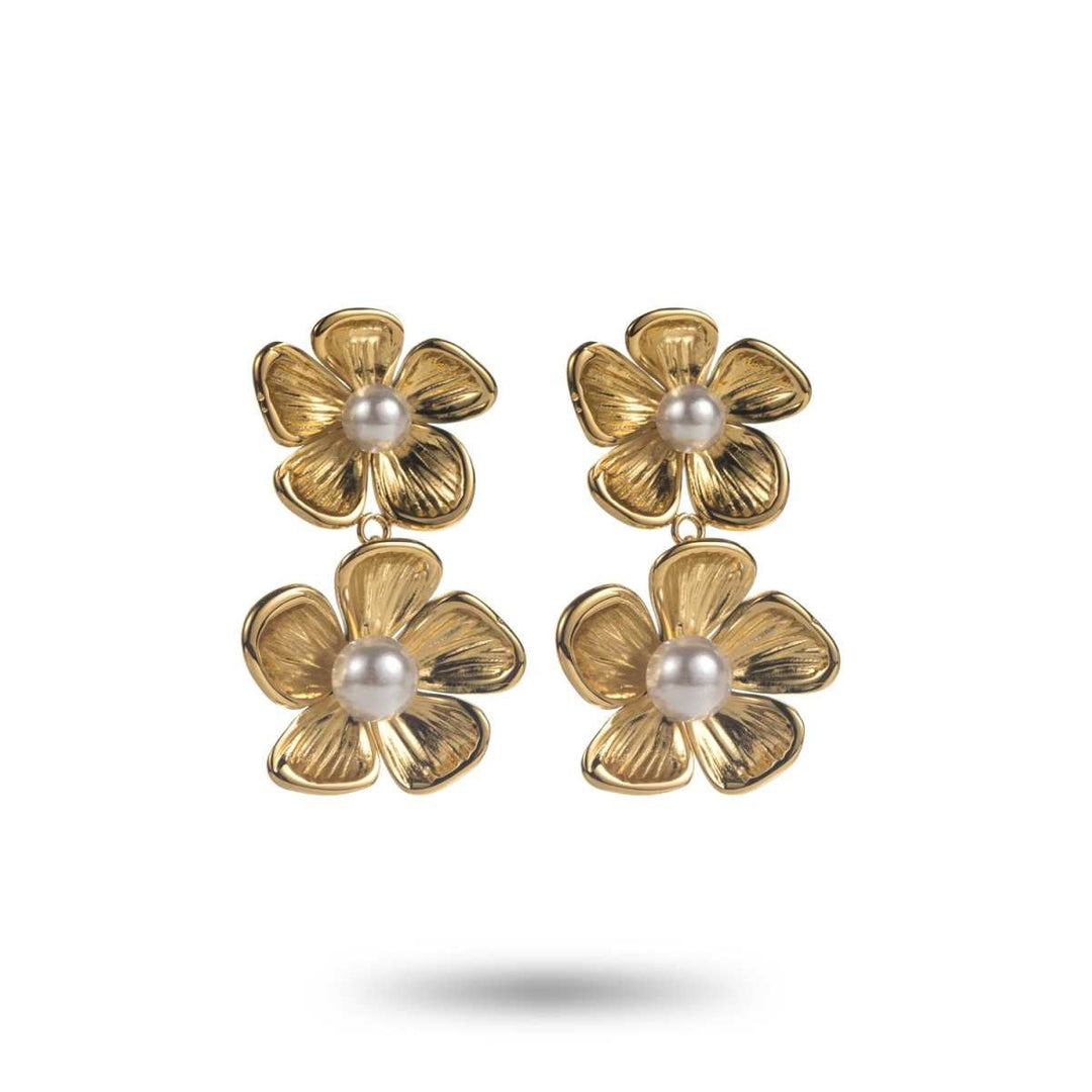 boucles d’oreilles fleurs dorées avec perle nacrée en acier inoxydable