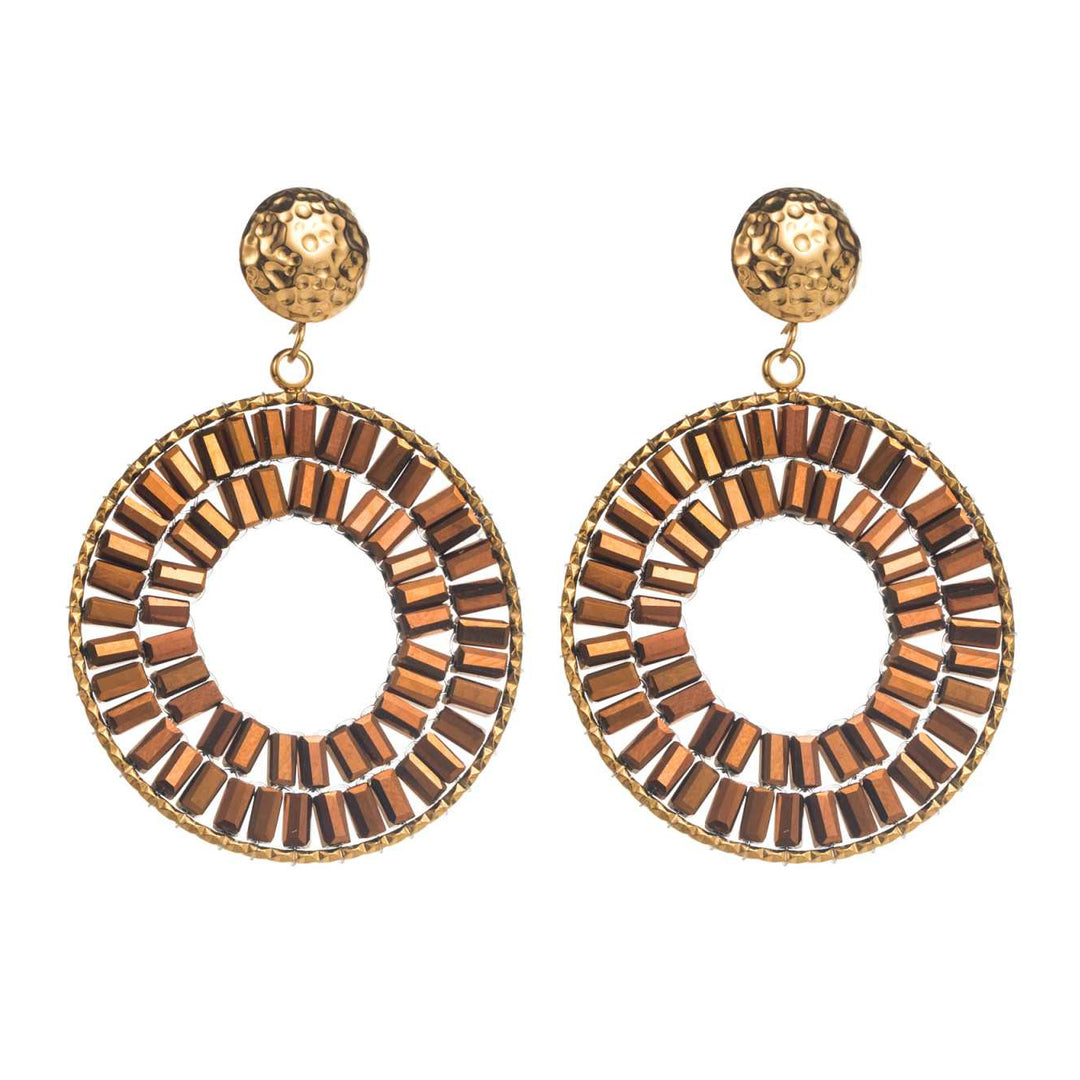 Boucles d’oreilles dorées gros anneaux avec perles rectangulaires ambre