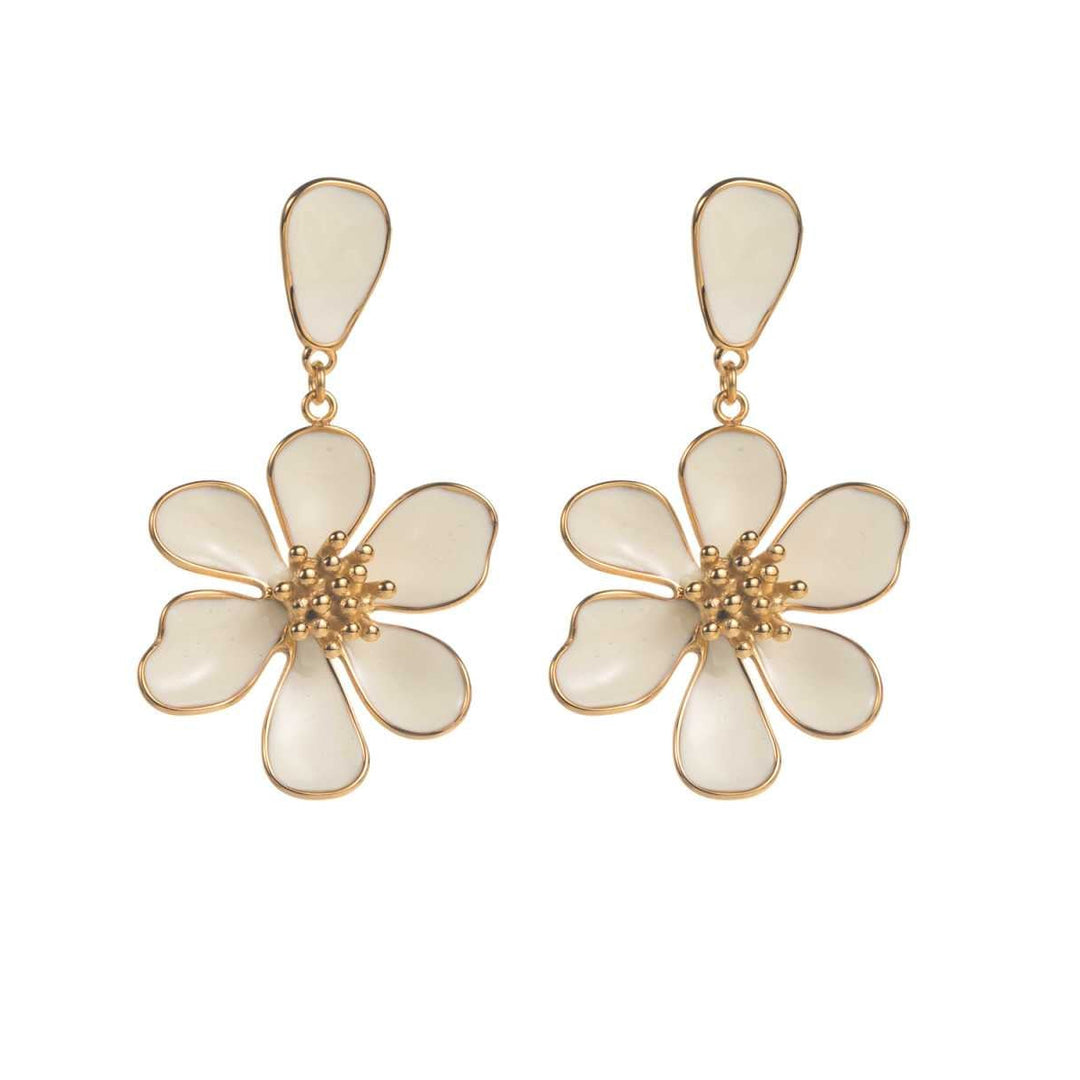 Boucles d’oreilles marguerite nacrée blanc avec centre doré hypoallergéniques
