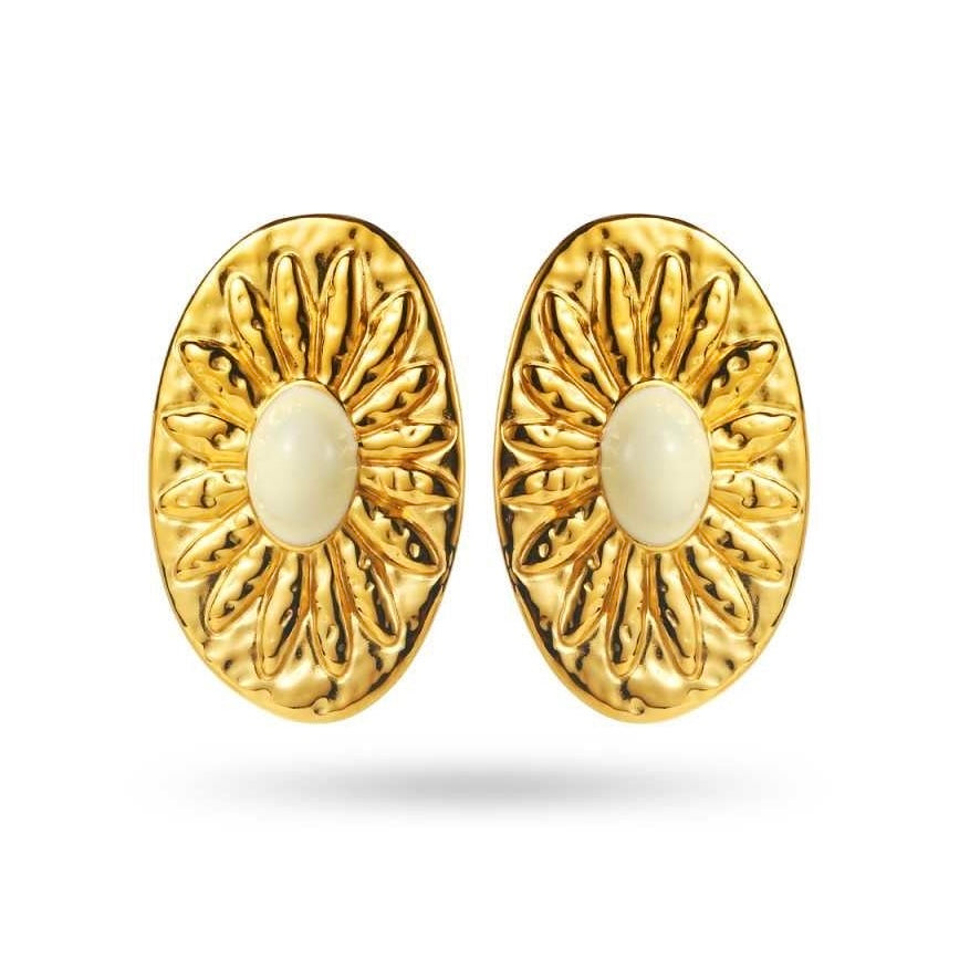 Boucles d’oreilles soleil dorées en acier inoxydable, forme ovale avec centre blanc lumineux, 3,5 cm, hypoallergéniques et résistantes à l’eau