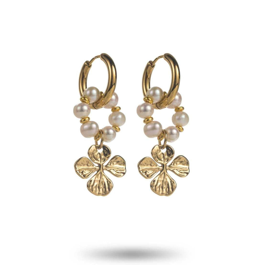Boucles d’oreilles trèfle doré avec anneaux entrelacés et perles nacrées en acier inoxydable
