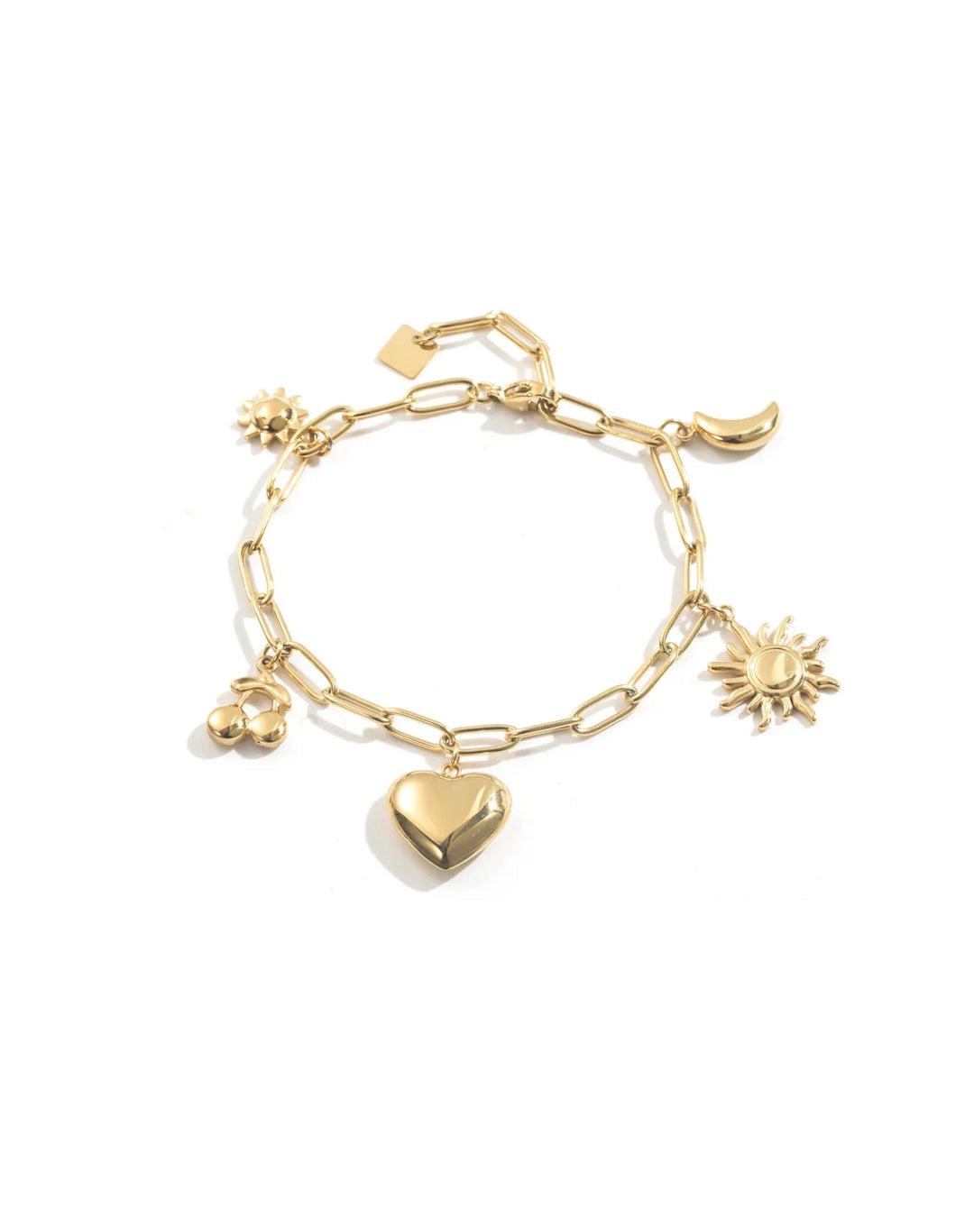 Bracelet femme doré en acier inoxydable à maillons avec breloques cœur, soleil, lune et cerises, longueur réglable.