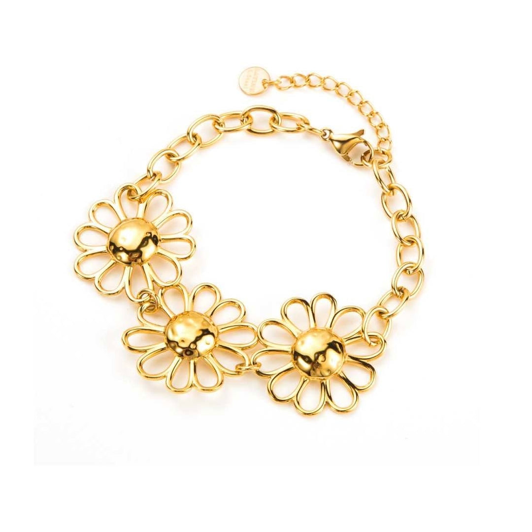 Bracelet chaîne doré avec trois marguerites ajourées et cœur plein, acier inoxydable, bijou hypoallergénique et résistant à l’eau
