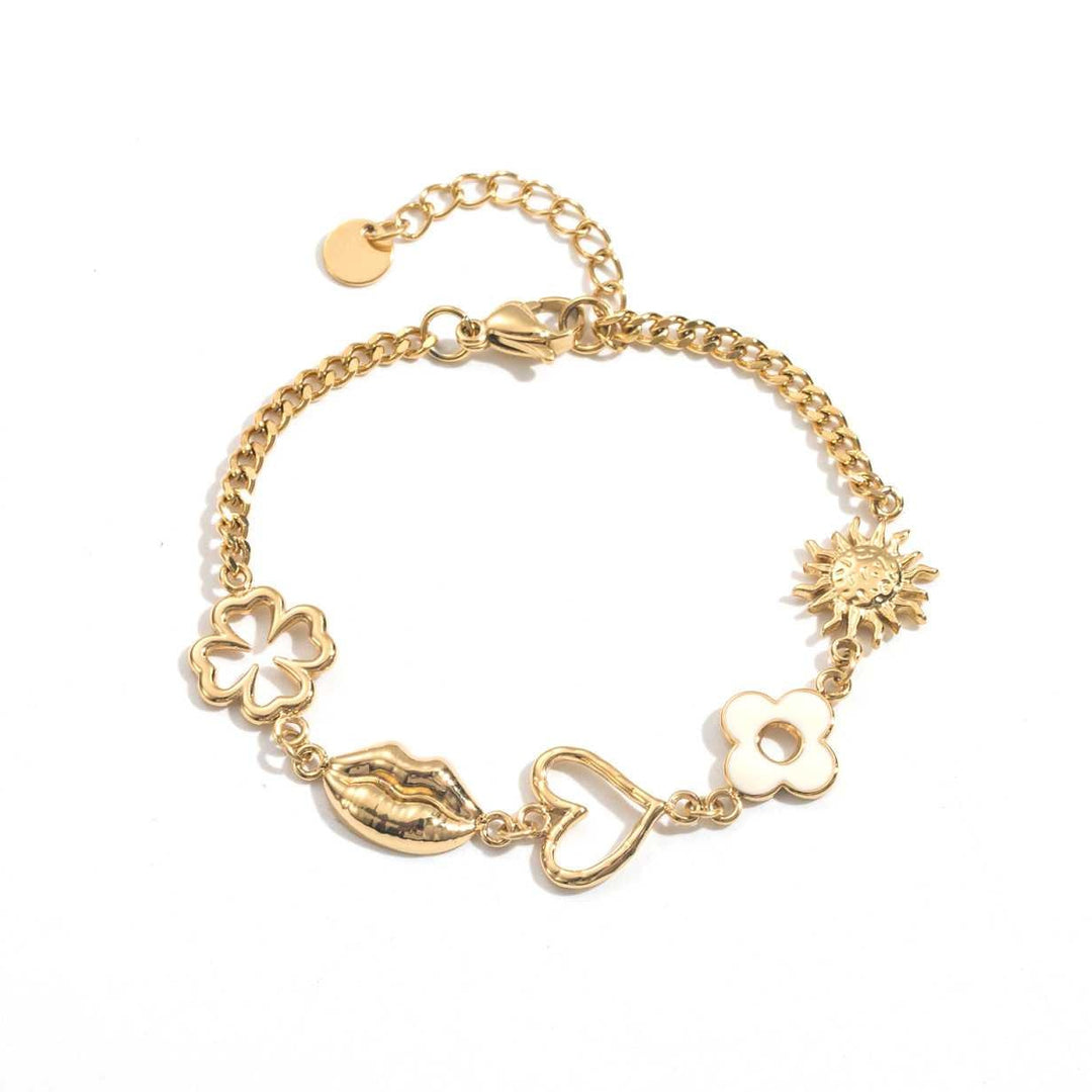 Bracelet doré chaîne fine en acier inoxydable avec charms fleur, lèvres, cœur et soleil