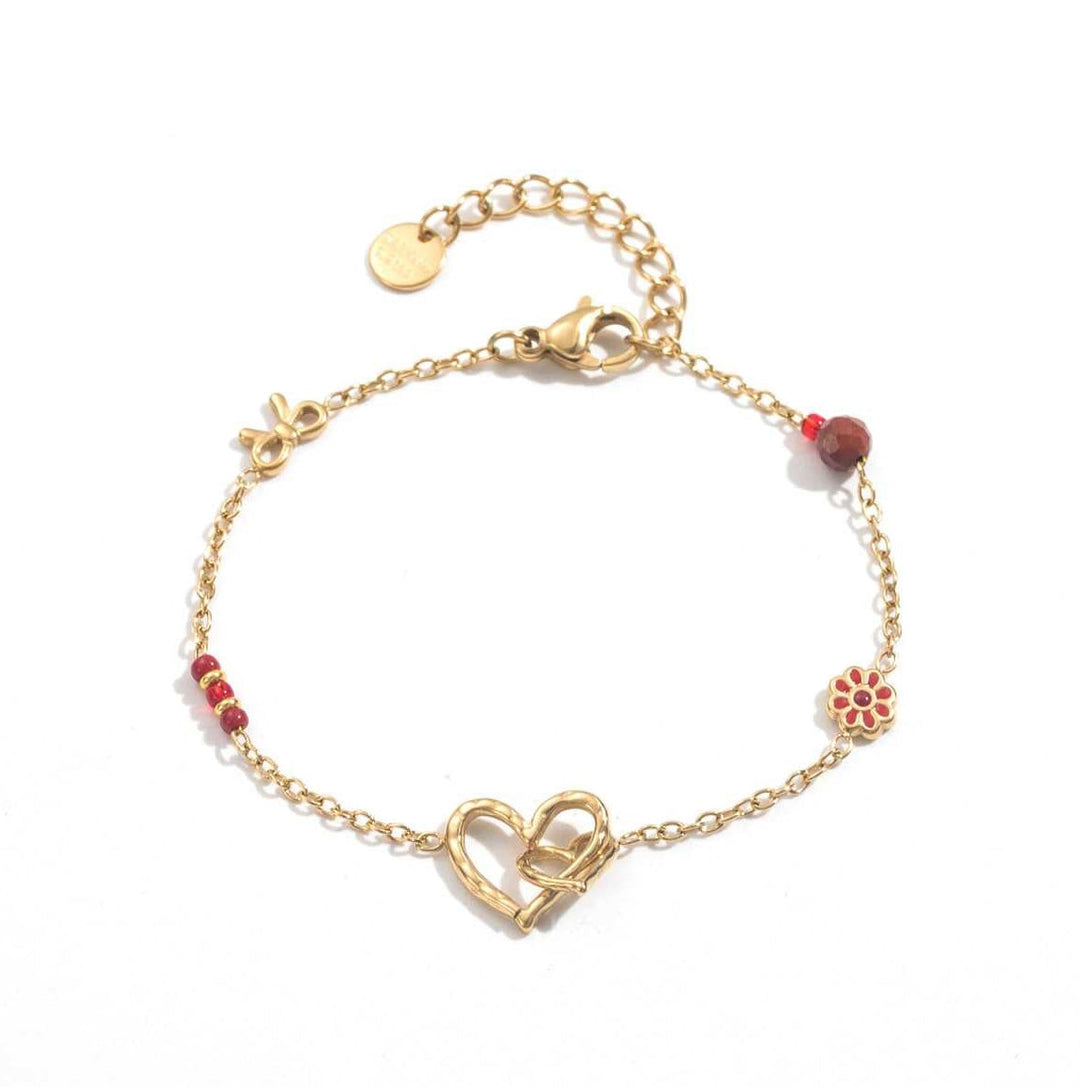 Bracelet chaîne fine doré avec cœur entrelacé, nœud et fleurs rouges en acier inoxydable