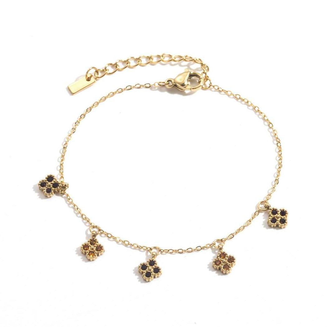 Bracelet chaîne fine dorée en acier inoxydable avec fleurs marron et breloques blanches, réglable et résistant à l’eau