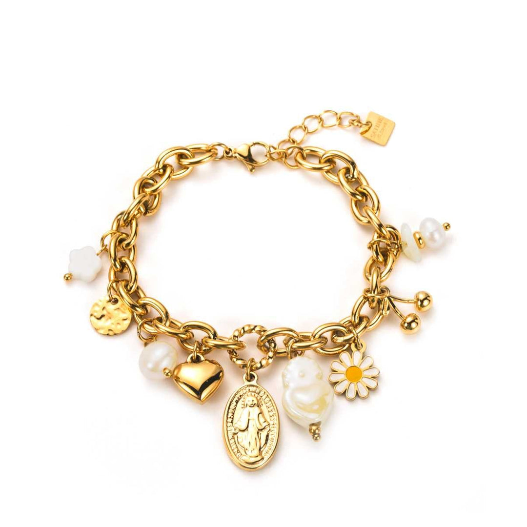 Bracelet charms doré et nacre en acier inoxydable avec maille fine et longueur ajustable
