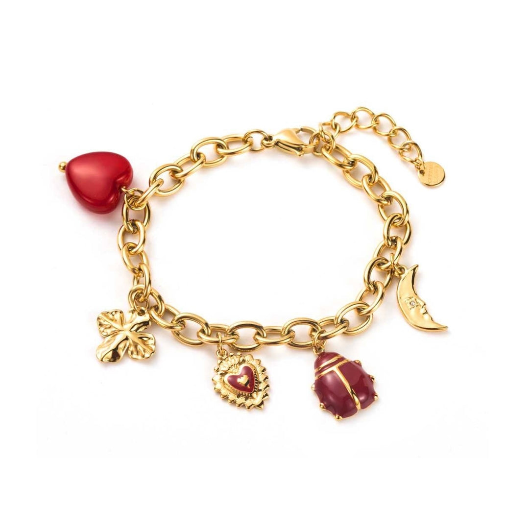 Bracelet doré en acier inoxydable avec breloques lune, trèfle, cœurs bordeaux et coccinelle – réglable et hypoallergénique