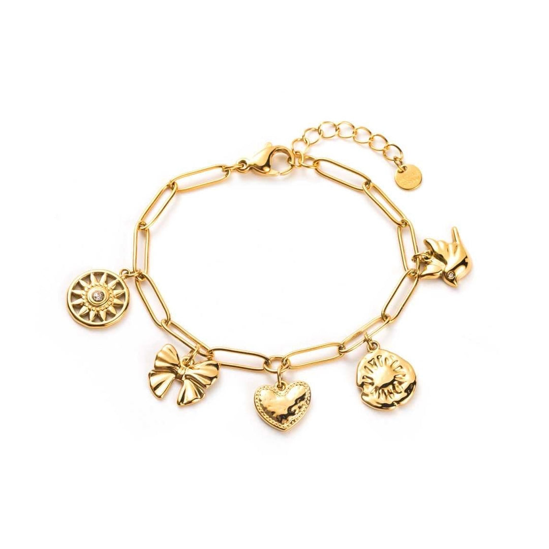 Bracelet doré en acier inoxydable avec breloques soleil, cœur, nœud et oiseau – réglable et résistant à l’eau