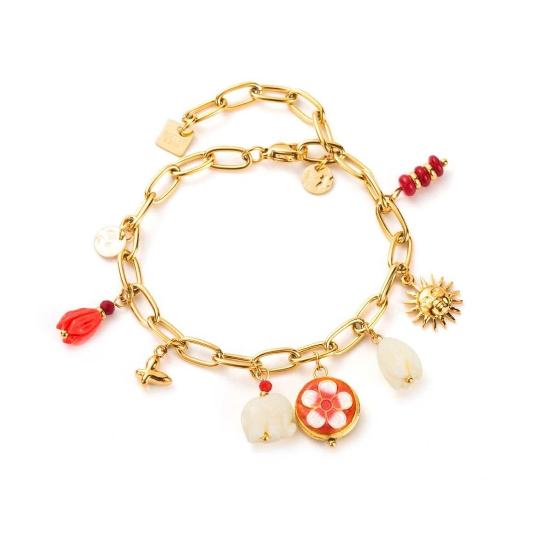 Bracelet doré en acier inoxydable avec breloques fleurs blanches, marguerite rouge orangé et soleil doré – réglable, hypoallergénique et résistant à l’eau
