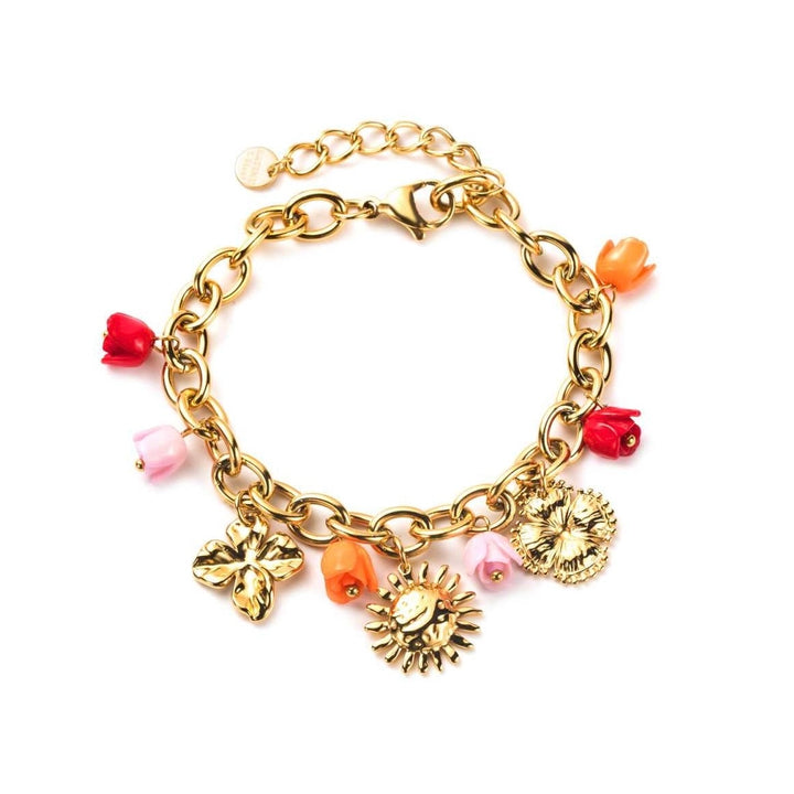 Bracelet doré avec breloques jonquille multicolores en rouge, rose et orange, en acier inoxydable, réglable et résistant à l’eau