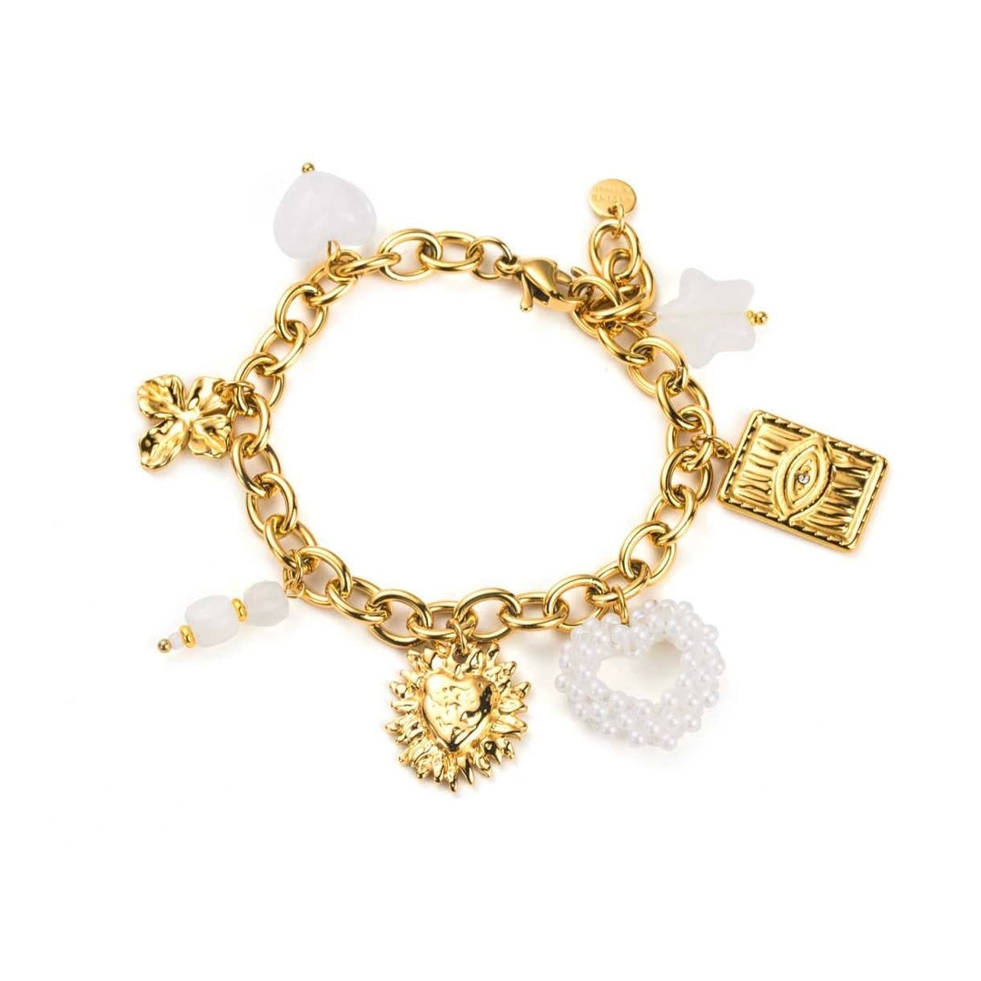 Bracelet doré avec breloques blanches et dorées en acier inoxydable