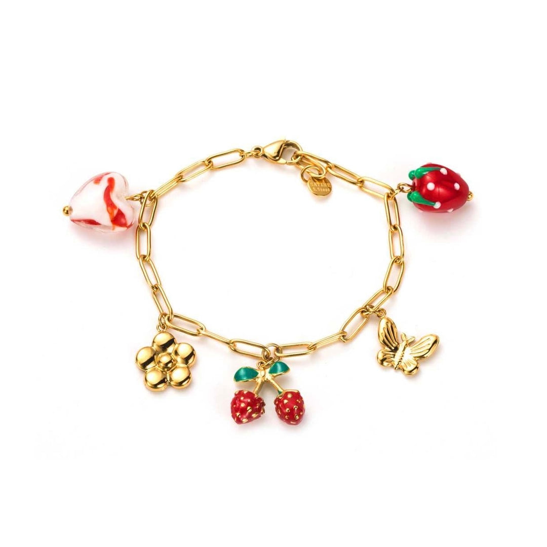 Bracelet doré chaîne fine à breloques cerise, cœur en verre, papillon et fleur – bijou réglable hypoallergénique