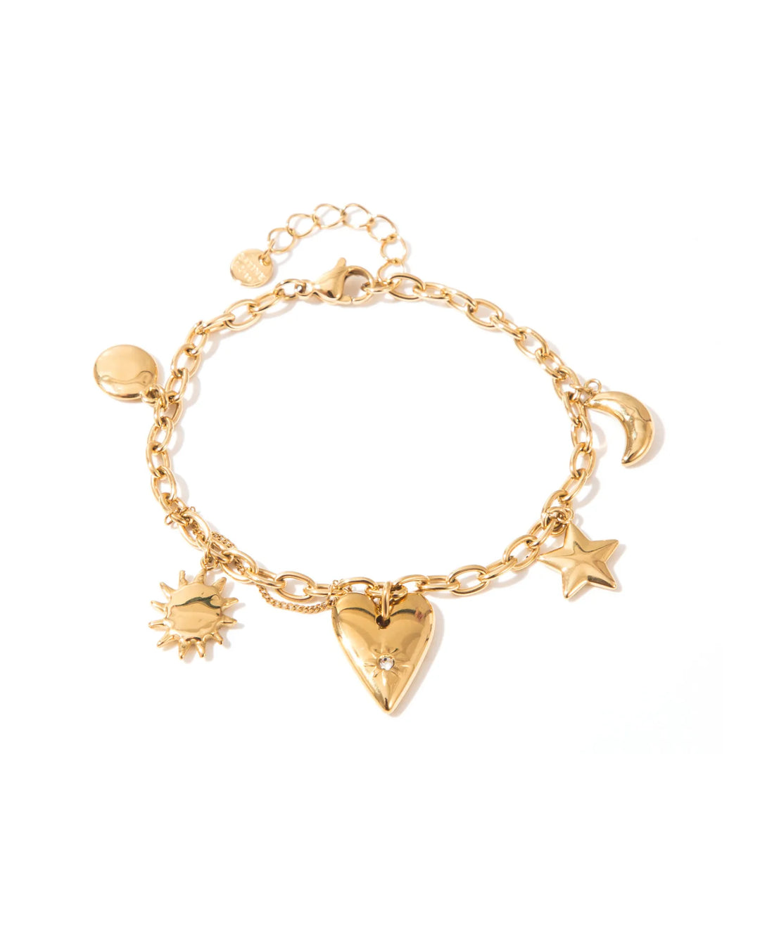 Bracelet femme doré en acier inoxydable avec breloques cœur, soleil, étoile et lune et cristal au centre du cœur.